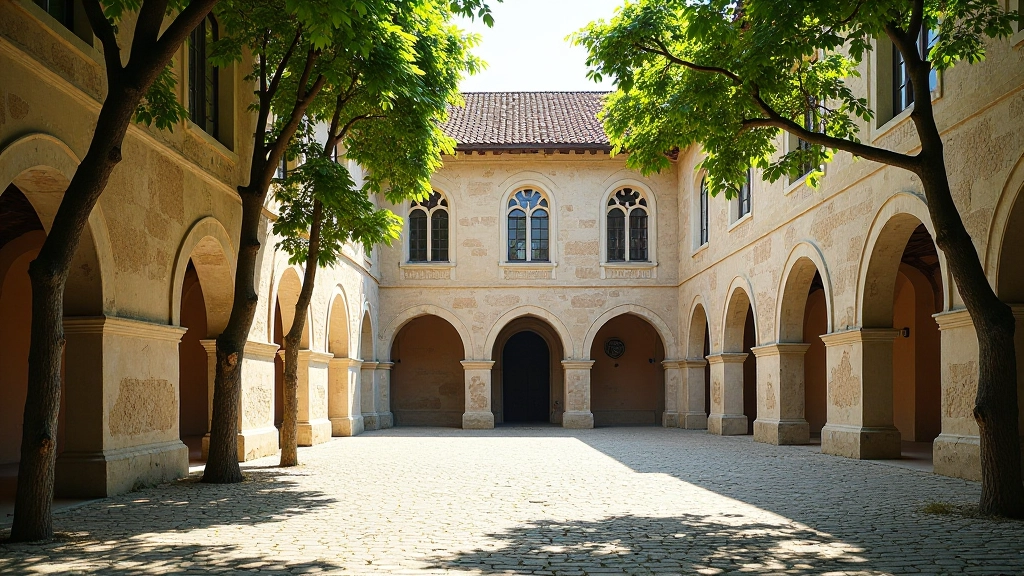 Senovinis vienuolyno klioštoriaus vidinis kiemas su medžiais, seninės mūrinės sienos, šešėliai nuo ažūrinių langų