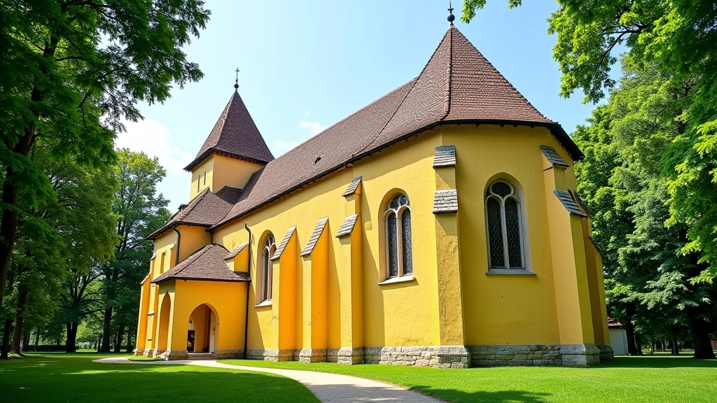 Senovinė Tytuvėnų vienuolyno bažnyčia su gotikiniu stiliumi, geltonos mūro sienos, retingi langai, žali medžiai šalia
