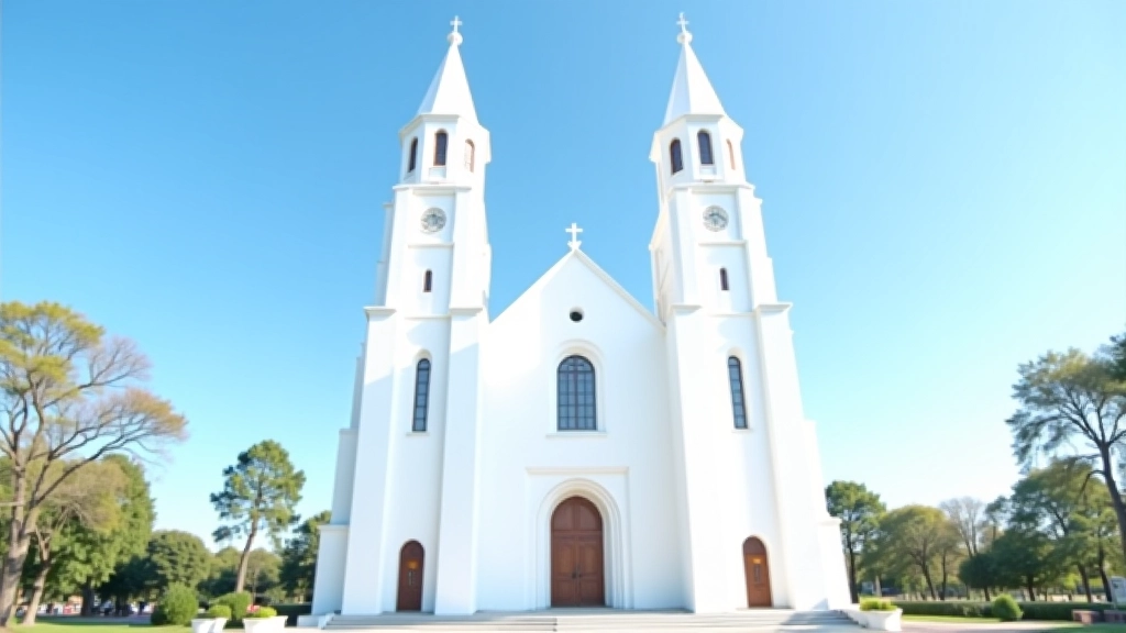 Šiluvos bazilikos fasadas su dviem bokštais, balta architektūra, kvadratinis peisažas, religinis paminklas