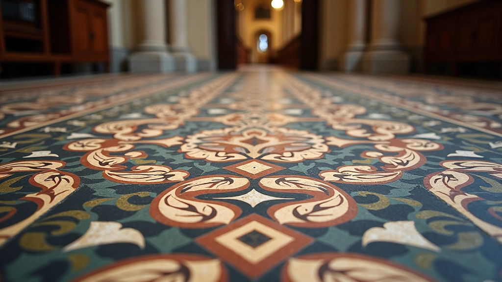 Bažnyčios grindų mozaika su geometriniais šablonais, spalvotomis plytėmis, detaliai matomi ornamentai