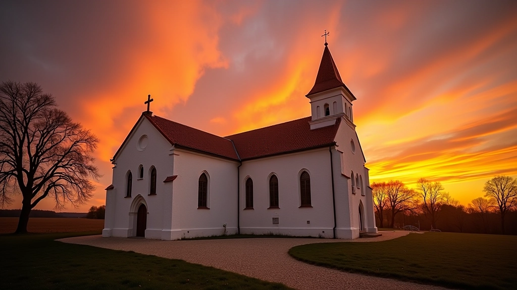 Šiluvos bazilika saulėlydžio metu, geltona ir rausva šviesa apšviečia baltą bažnyčią