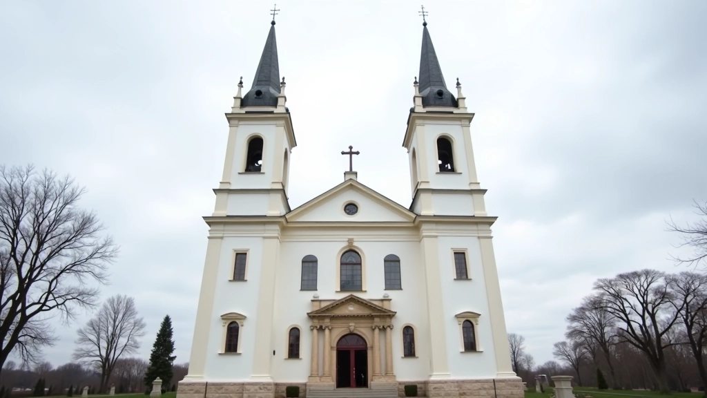 Šiluvos bazilikos išorinis fasadas su baltomis sienomis, aukštais bokštais, gotikos stilaus langais, dangus fone
