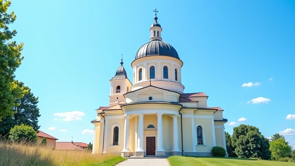 Šiluvos bazilika saulėtą dieną, architektūra, šviesa, bažnyčios kupolas, senovinė bažnyčia, nuotrauka iš lauko