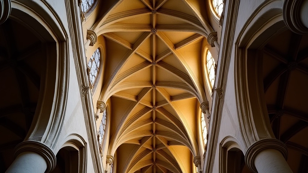 Bažnyčios skliautai iš žemiau, gotikos linijos, šviesa iš langų, architektūrinė perspektyva